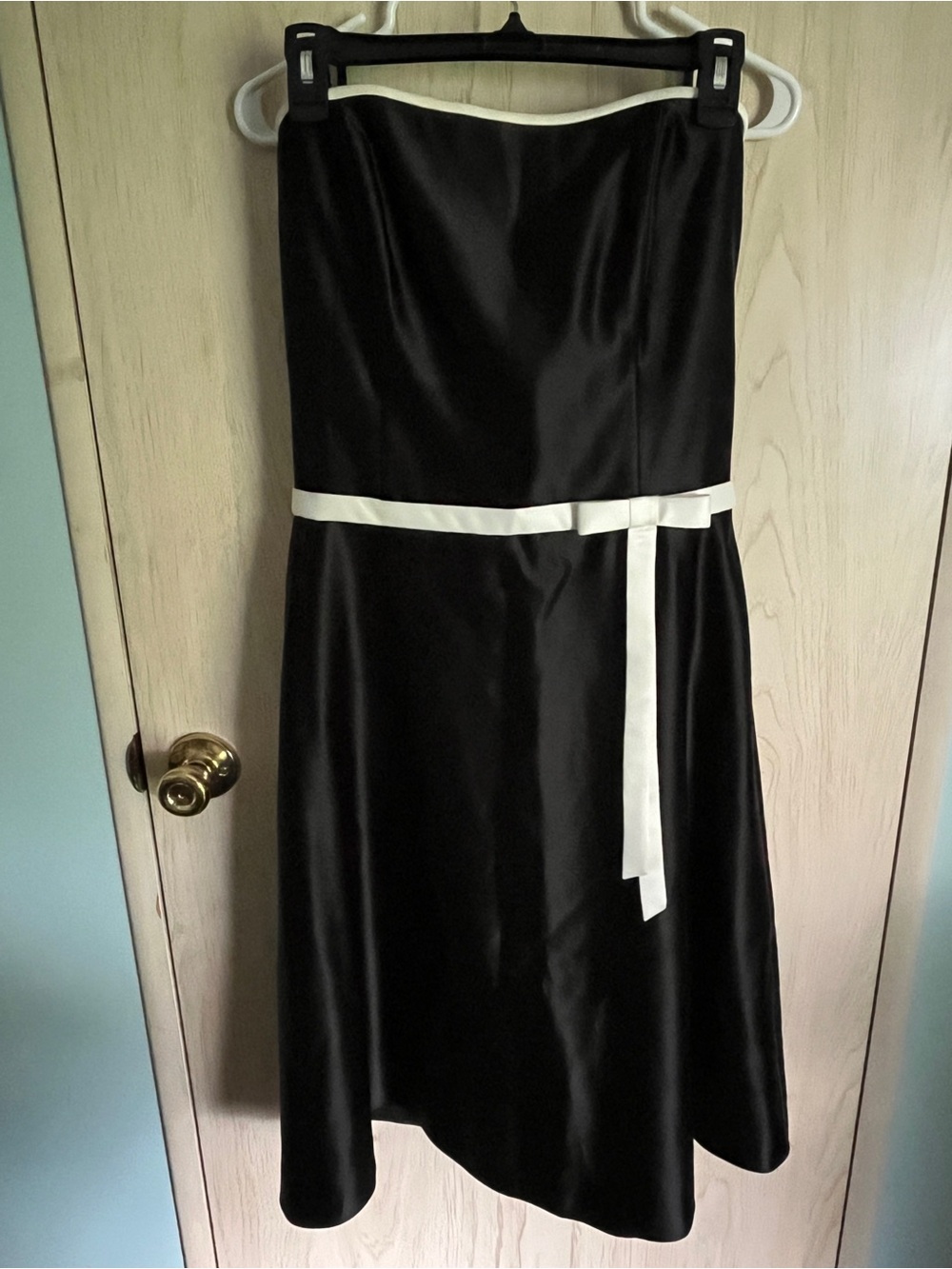 SCOTT MCCLINTOCK Black Satin Dress Strapless Ivory Satin Bow Sz 12 $139